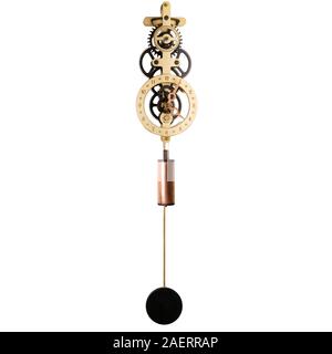 Close up of vintage clocks retro design made from the great wood, high quality for the collectors, isolated on white background with clipping path. Stock Photo