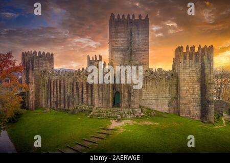 Aerial panorama view of Guimaraes castle in Portugal with dramatic sky Stock Photo