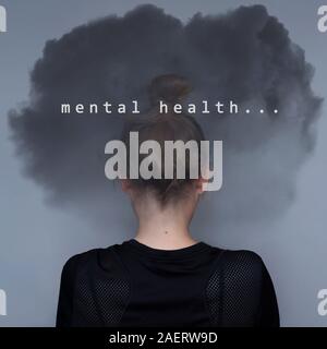 Girl with dark cloud on your head and text. Mental health care concept. Anxiety problem. Sad expression. Asian woman. Great design for any purposes. Stock photography. Stock Photo
