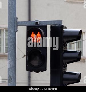 A red traffic light shows the combined picture for bicycle and pedestrians in Vienna, Austria Stock Photo