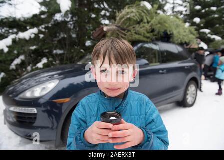 A boy holds a cup of hot chocolate after cutting a Christmas tree. Stock Photo