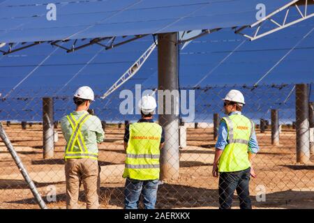 Heliostats, large reflective mirrors directing sunlight to the PS20 solar thermal tower, the only such working solar tower currently in the world. Its Stock Photo