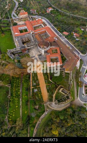 Aerial panorama of Tomar castle once owned by the Templar knights, town and Christ convent in Portugal Stock Photo