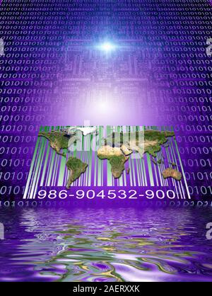 Binary code, world map and bar code Stock Photo