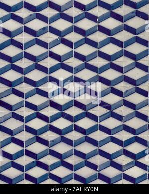 Typical Portuguese three dimension imitating abstract tile patterns in various colors blue, green, purple turquoise Stock Photo