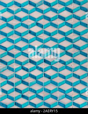 Typical Portuguese three dimension imitating abstract tile patterns in various colors blue, green, purple turquoise Stock Photo
