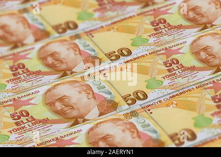 TRY. Money of Turkey. Turkish Lira banknotes background. Macro photo Stock Photo