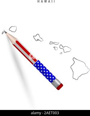 Hawaii US state vector map pencil sketch. Hawaii outline contour map with 3D pencil in american flag colors. Freehand drawing vector, hand drawn sketc Stock Vector
