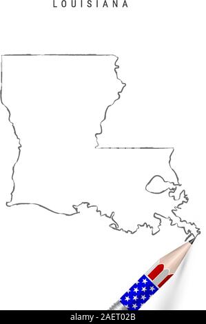 Louisiana US state vector map pencil sketch. Louisiana outline contour map with 3D pencil in american flag colors. Freehand drawing vector, hand drawn Stock Vector