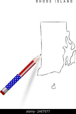 Rhode Island US state vector map pencil sketch. Rhode Island outline contour map with 3D pencil in american flag colors. Freehand drawing vector, hand Stock Vector