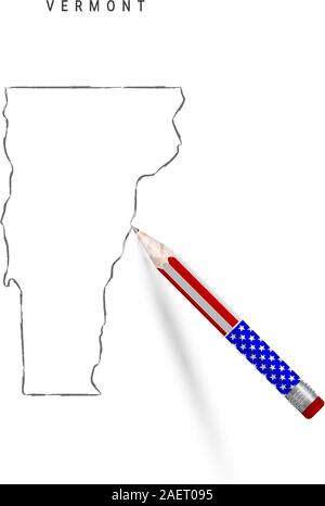 Vermont US state vector map pencil sketch. Vermont outline contour map with 3D pencil in american flag colors. Freehand drawing vector, hand drawn ske Stock Vector