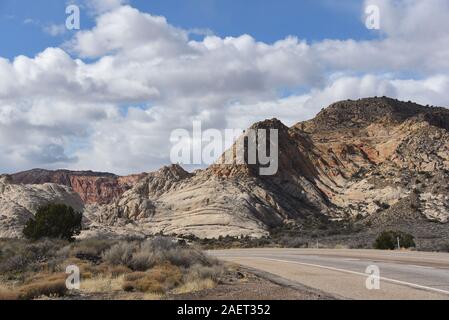 Full framed landscape of volcanic rock formations in the high Mojave desert mountains of Southern, Utah, USA Stock Photo