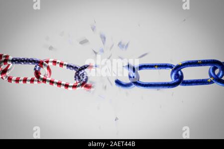 European Union and United States of America as a breaking metal chain. conflict, political confrontation 3d illustration render Stock Photo