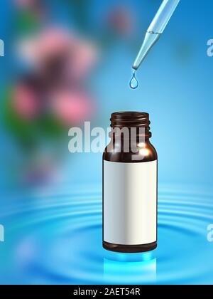 Essential oil bottle on a background with some water ripples and flowers. Digital illustration, included clipping path allows you to put your own labe Stock Photo