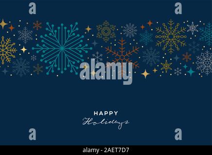 Holiday background, banner, frame, header, background or greeting card design with snowflakes over dark blue and typography. Stock Vector