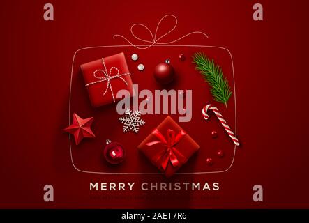 Red Christmas greeting card design with Christmas decor including baubles, gift box, fir tree cuttings, star, snowflake, cane. Vector Illustration. Stock Vector