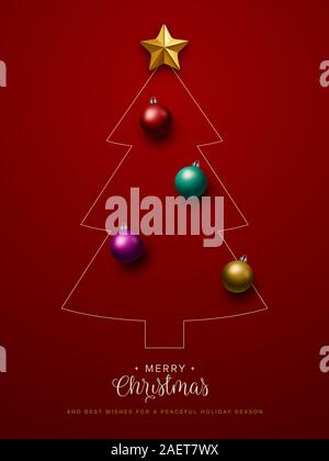 Christmas greeting card design with Christmas ornaments over red background and contour drawing of Christmas tree. Stock Vector