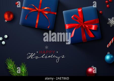 Dark blue Christmas background with Christmas decor including baubles, gift boxes, fir tree cuttings, glitter and confetti. Vector Illustration. Stock Vector