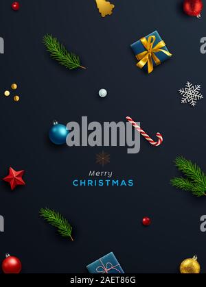 Christmas background, banner, frame, header, background or greeting card design with Christmas decor including baubles, gift box, fir tree cuttings. Stock Vector