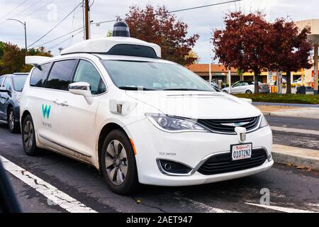 Dec 3, 2019 Mountain View / CA / USA - Waymo self driving car performing tests on a street near Google's headquarters, Silicon Valley; Waymo, a subsid Stock Photo