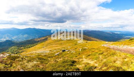 Picturesque panoramic landscape of Carpathian mountains in early autumn. View from mount Pikui (1405m), Carpathians, Ukraine Stock Photo