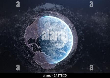 a 3d planet earth hologram with global communication lines, around it Stock Photo