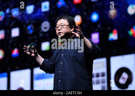 Luo Yonghao, founder and former CEO of Smartisan Technology Co., Ltd., introduces the Smartisan Nut Pro 2s smartphone during the product launch event Stock Photo