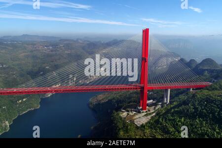 An aerial view of the Yachi River Bridge,  one of the longest cable-stayed bridges and fourth highest bridge in the world, in Guiyang city, southwest Stock Photo