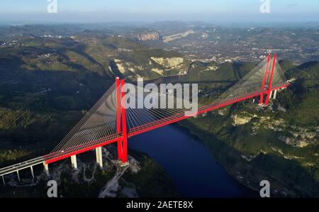 An aerial view of the Yachi River Bridge,  one of the longest cable-stayed bridges and fourth highest bridge in the world, in Guiyang city, southwest Stock Photo