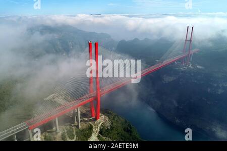 An aerial view of the Yachi River Bridge,  one of the longest cable-stayed bridges and fourth highest bridge in the world, in Guiyang city, southwest Stock Photo