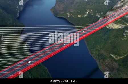 An aerial view of the Yachi River Bridge,  one of the longest cable-stayed bridges and fourth highest bridge in the world, in Guiyang city, southwest Stock Photo