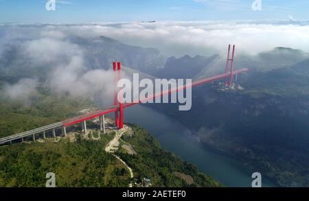 An aerial view of the Yachi River Bridge,  one of the longest cable-stayed bridges and fourth highest bridge in the world, in Guiyang city, southwest Stock Photo