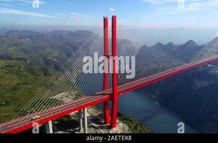 An aerial view of the Yachi River Bridge,  one of the longest cable-stayed bridges and fourth highest bridge in the world, in Guiyang city, southwest Stock Photo