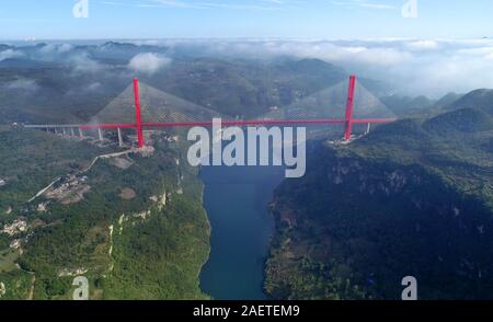 An aerial view of the Yachi River Bridge,  one of the longest cable-stayed bridges and fourth highest bridge in the world, in Guiyang city, southwest Stock Photo