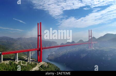 An aerial view of the Yachi River Bridge,  one of the longest cable-stayed bridges and fourth highest bridge in the world, in Guiyang city, southwest Stock Photo