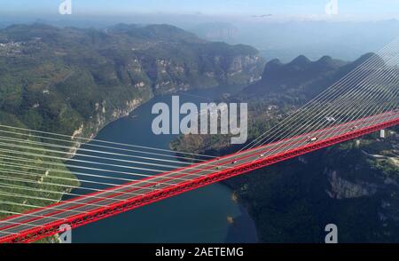 An aerial view of the Yachi River Bridge,  one of the longest cable-stayed bridges and fourth highest bridge in the world, in Guiyang city, southwest Stock Photo