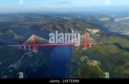 An aerial view of the Yachi River Bridge,  one of the longest cable-stayed bridges and fourth highest bridge in the world, in Guiyang city, southwest Stock Photo