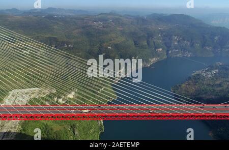 An aerial view of the Yachi River Bridge,  one of the longest cable-stayed bridges and fourth highest bridge in the world, in Guiyang city, southwest Stock Photo