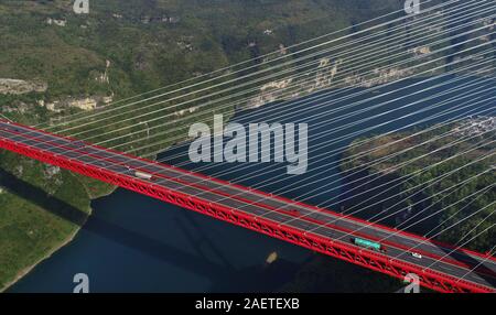 An aerial view of the Yachi River Bridge,  one of the longest cable-stayed bridges and fourth highest bridge in the world, in Guiyang city, southwest Stock Photo