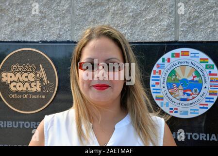 Melbourne Beach, Florida. USA. December 10, 2019, Local concerned citizen Samantha Nazario criticizes Brevard County Commissioner John Tobia who wants the Spanish and Puerto Rican flags removed from Juan Ponce de Leon Landing Park. Tobia maintains it is unproven were the founder landed and the park should be renamed. The commission voted 3-2 against any changes. .  Photo Credit Julian Leek / Alamy Live News Stock Photo