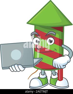 Happy smiling green stripes fireworks rocket cartoon character working with laptop Stock Vector