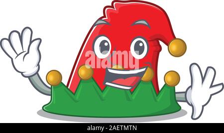 Waving cute smiley elf hat cartoon character style Stock Vector
