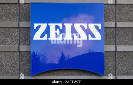 oberkochen germany 10th dec 2019 the zeiss meditec ag company logo hangs on the zeiss meditec ag plant the parent company carl zeiss ag gives its annual press conference on 11122019 credit stefan puchnerdpaalamy live news 2aetw7f