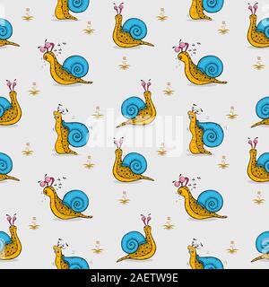 Seamless pattern cartoon snail different emotions on white background. illustration comic snail. Stock Vector