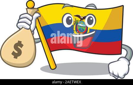 Cute flag ecuador cartoon character smiley with money bag Stock Vector