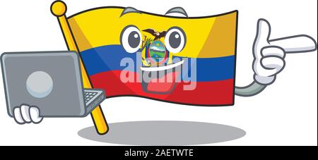 Happy smiling flag ecuador cartoon character working with laptop Stock Vector