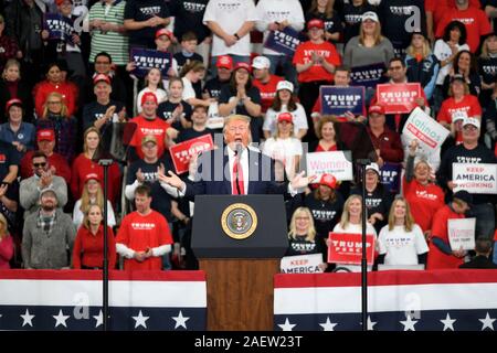 Hershey, Pennsylvania, USA. 10th December, 2019. U.S. President Donald Trump speaks during a rally with Vice-President Mike Pence as they return to Pennsylvania for a a Keep America Great campaign rally at the Giant Center, in Hershey, PA, on December 10, 2019. Credit: OOgImages/Alamy Live News