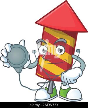 Red stripes fireworks rocket cartoon mascot style in a Doctor costume with tools Stock Vector