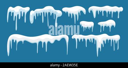 Set of snow icicles. Flat design isolated on blue background. Cartoon winter style, design and decoration. Stock Vector