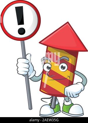 Cartoon style of red stripes fireworks rocket with sign in his hand Stock Vector
